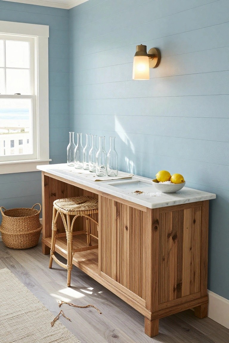 Light blue shiplap-walled interior corner with wooden cabinet bar topped in marble, lined empty glass bottles, bowl of lemons in salt, rattan stool, basket, and window showing ocean view.