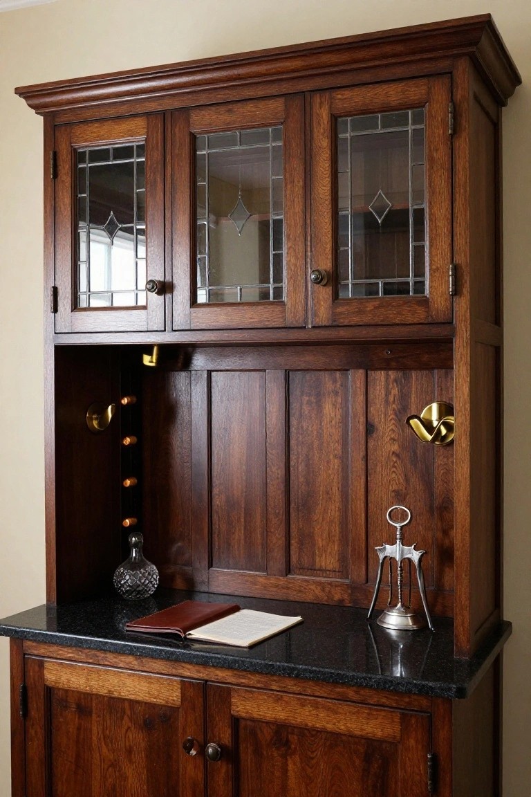 Tall wooden hutch cabinet with leaded glass doors on top, open center shelf displaying wine bottle and accessories, granite countertop, and lower cabinets.