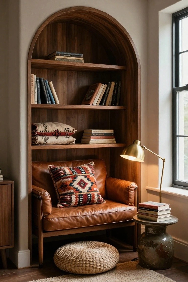 Corner reading nook with tall arched wooden bookcases holding books and blankets, tan leather armchair with patterned pillows, brass desk lamp on side table with stacked books, woven pouf stool, and window in beige-walled room.