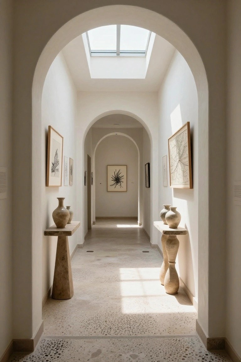 A long interior hallway with curved white arches, a central skylight, framed black-and-white artwork on walls, pairs of ceramic vases on stone pedestals, and beige terrazzo flooring.
