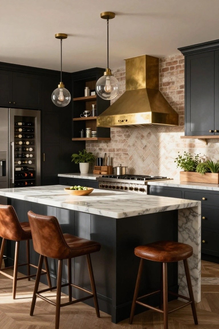 Kitchen with dark cabinets, white marble island, brown leather bar stools, brass pendant lights, large brass range hood over gas range, brick backsplash, wine cooler, and plants.
