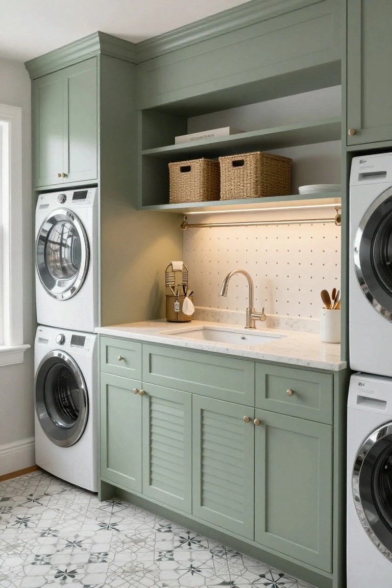 Sage green cabinets in a laundry room surround stacked white front-load washers and dryers flanking a white utility sink on a quartz countertop, with open shelves holding wicker baskets above a white dotted tile backsplash and geometric patterned floor.