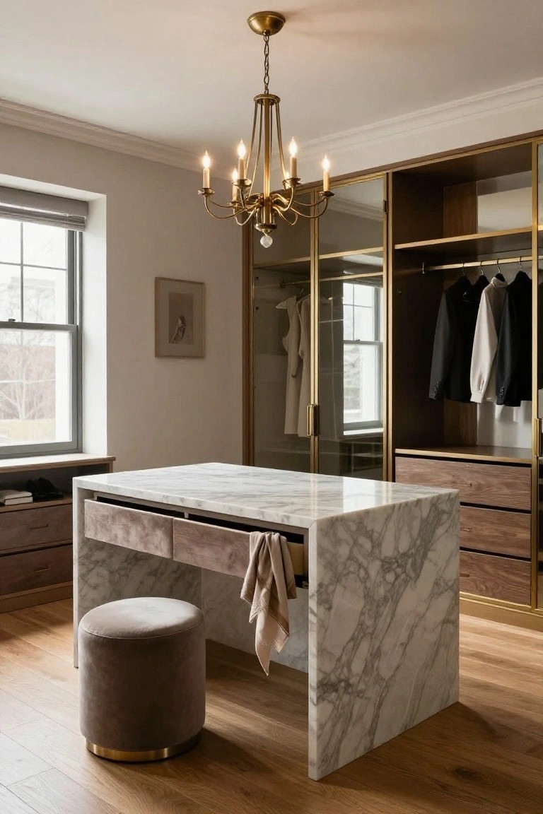 A walk-in closet with glass-fronted brass wardrobes displaying hanging clothes, a central white veined marble island with wood and upholstered drawers, a gray velvet stool, brass chandelier overhead, hardwood floors, and a window with gray shade.