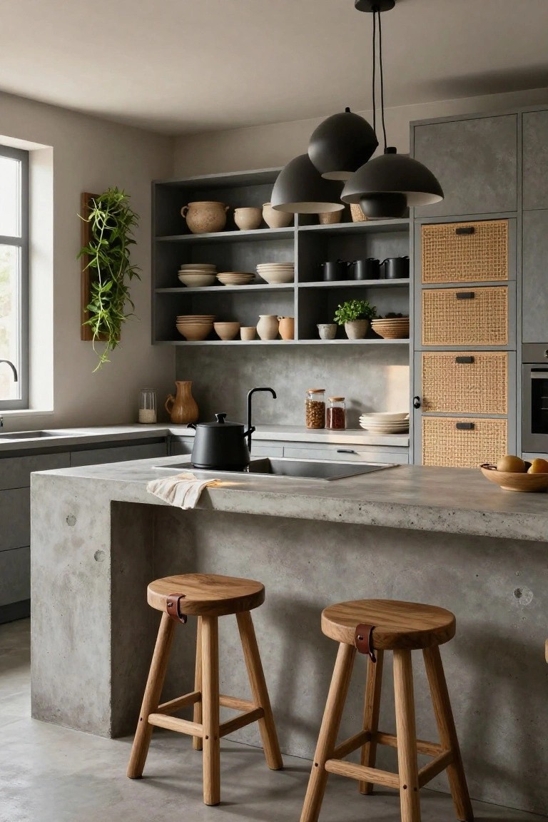 Modern kitchen with central raw concrete island, two wooden bar stools with leather details, gray cabinets including rattan-fronted drawers, black pendant lights, open shelving with pottery and plants, and a window with trailing greenery.