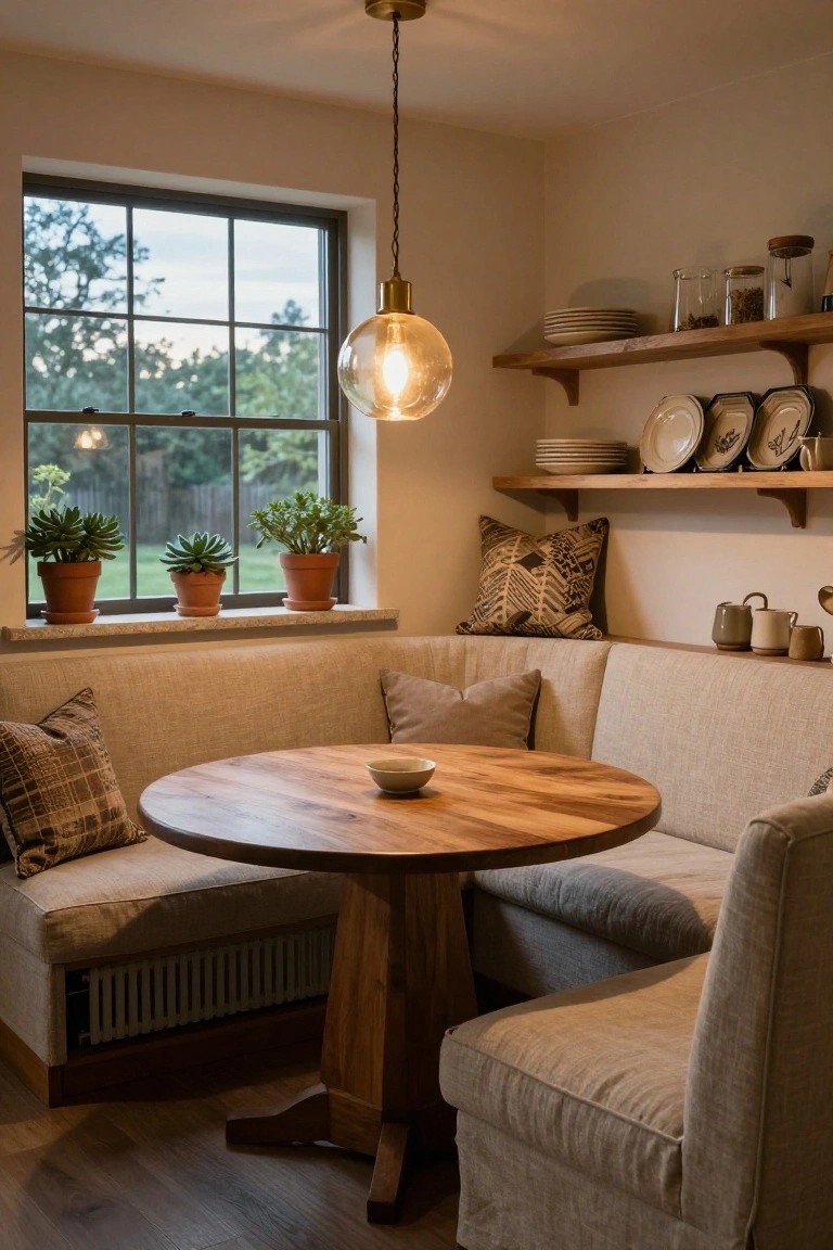 A beige L-shaped banquette with patterned pillows seats around a round wooden table in a light corner room with wooden shelves holding plates and jars, potted plants on the windowsill, and a pendant light overhead.