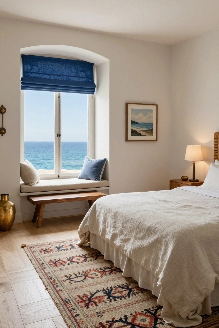 A serene bedroom interior with white walls, an arched window overlooking the blue ocean, a cushioned window seat on a wooden bench, a bed with white linens, wooden nightstand with lamp, brass vase, and patterned rug on light wood floors.