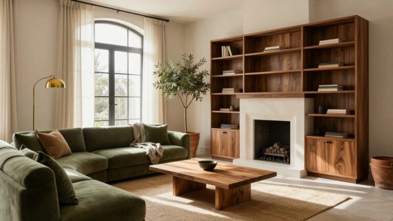 Sunlit living room with cream walls, green velvet sofa, low wooden coffee table, wooden media console under stucco fireplace, tall wooden bookcase, potted olive tree, and arched windows with cream curtains.
