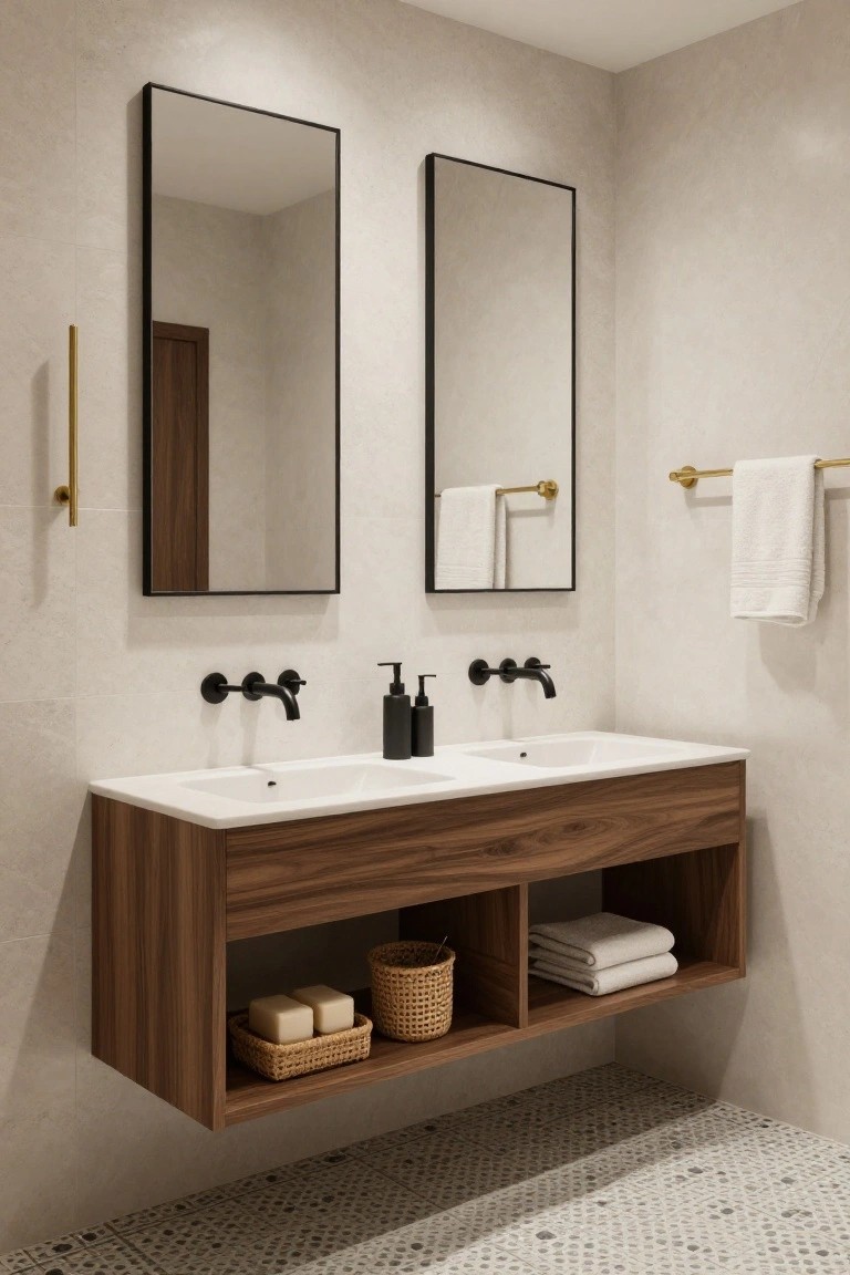 Modern bathroom with suspended walnut double vanity on white sinks, open lower shelves holding towels, soap bars, and wicker baskets, two tall black-framed mirrors, black wall faucets, gold towel bar, and light beige walls with pebble tile floor.