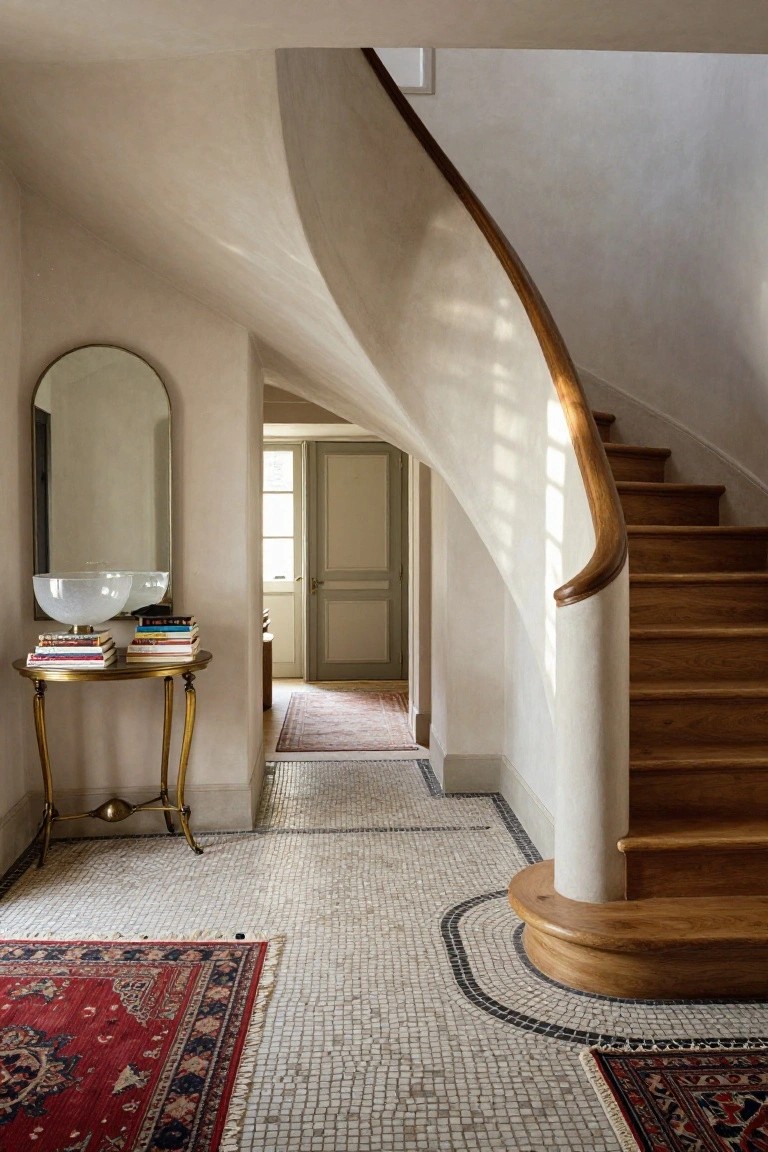 Light beige entry hall with curved wooden staircase, gilded console table holding stacked books and glass bowl under arched mirror, red and blue rug on mosaic tile floor leading to hallway.