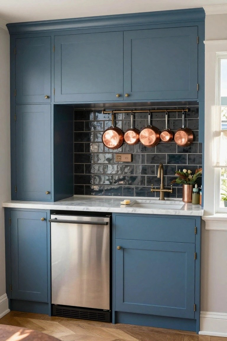 Kitchen with tall navy blue shaker cabinets surrounding a white marble countertop, undermount sink, stainless steel dishwasher, black subway tile backsplash, brass faucet, hanging copper pots, and brass hardware.