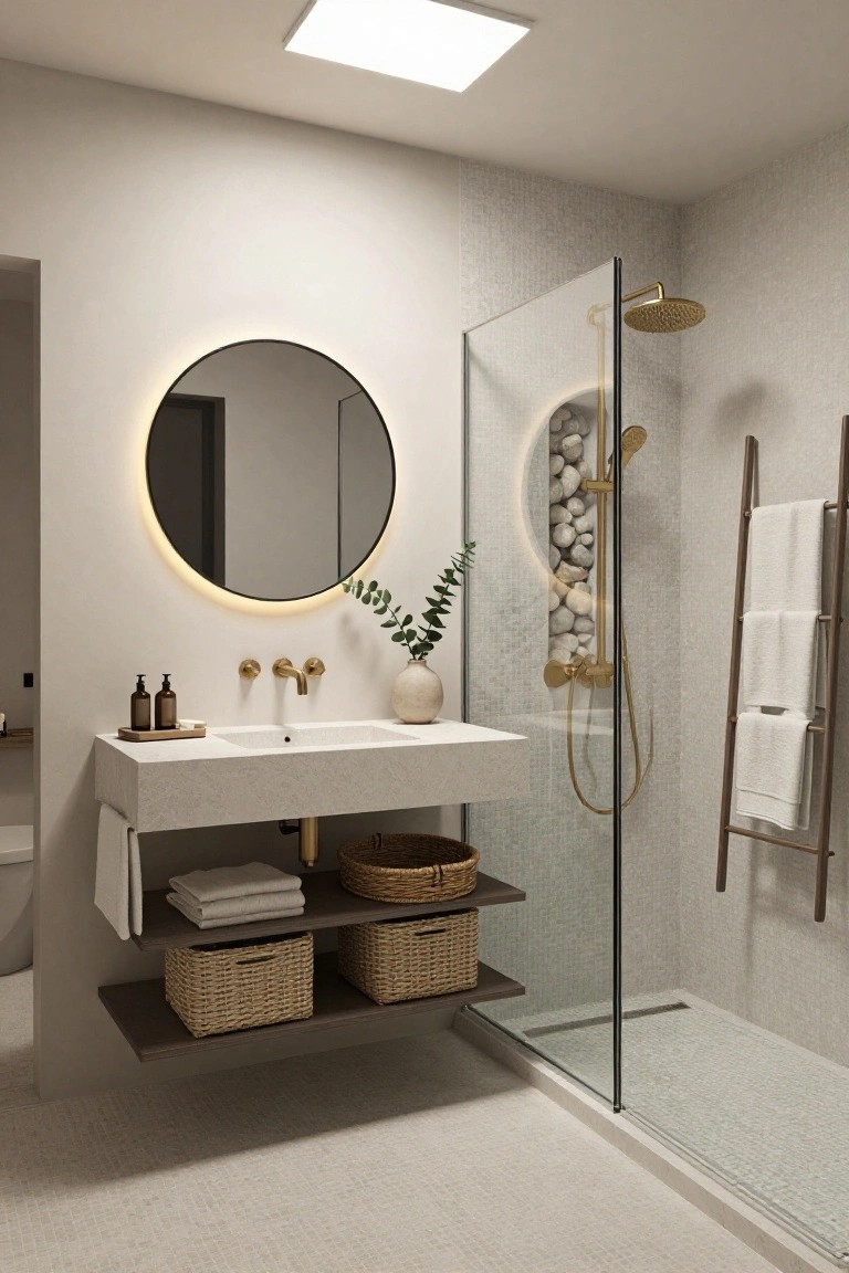 Modern minimalist bathroom with floating white stone vanity, round black mirror with edge lighting, glass shower enclosure containing pebble-filled niche and gold fixtures, wooden ladder towel rack, and neutral tiled walls and floor.