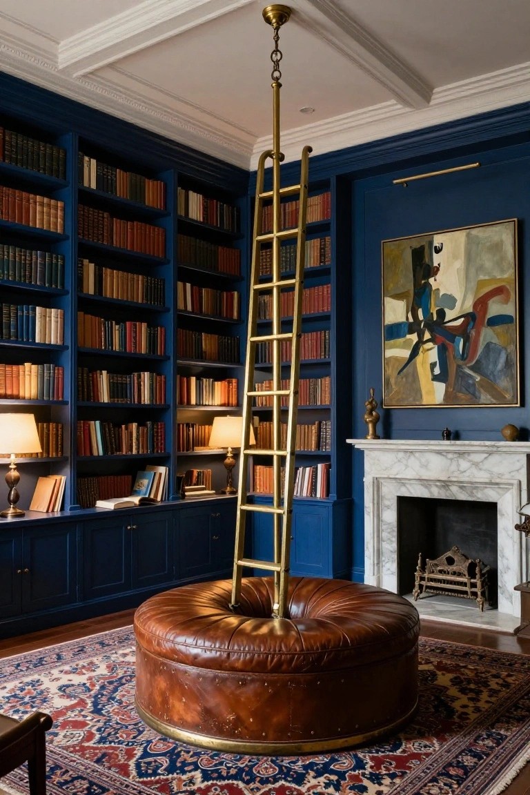 A home library with floor-to-ceiling navy blue bookshelves, a tall brass rolling ladder on a rail, marble fireplace, two table lamps, abstract wall art, bronze sculpture, and a large round tan leather ottoman on a patterned rug.