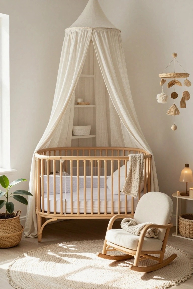 A nursery room with a round wooden crib under a white conical canopy, wooden rocking chair with blanket, potted plant in woven basket, hanging woven mobile, and neutral decor on beige walls and wood floor.