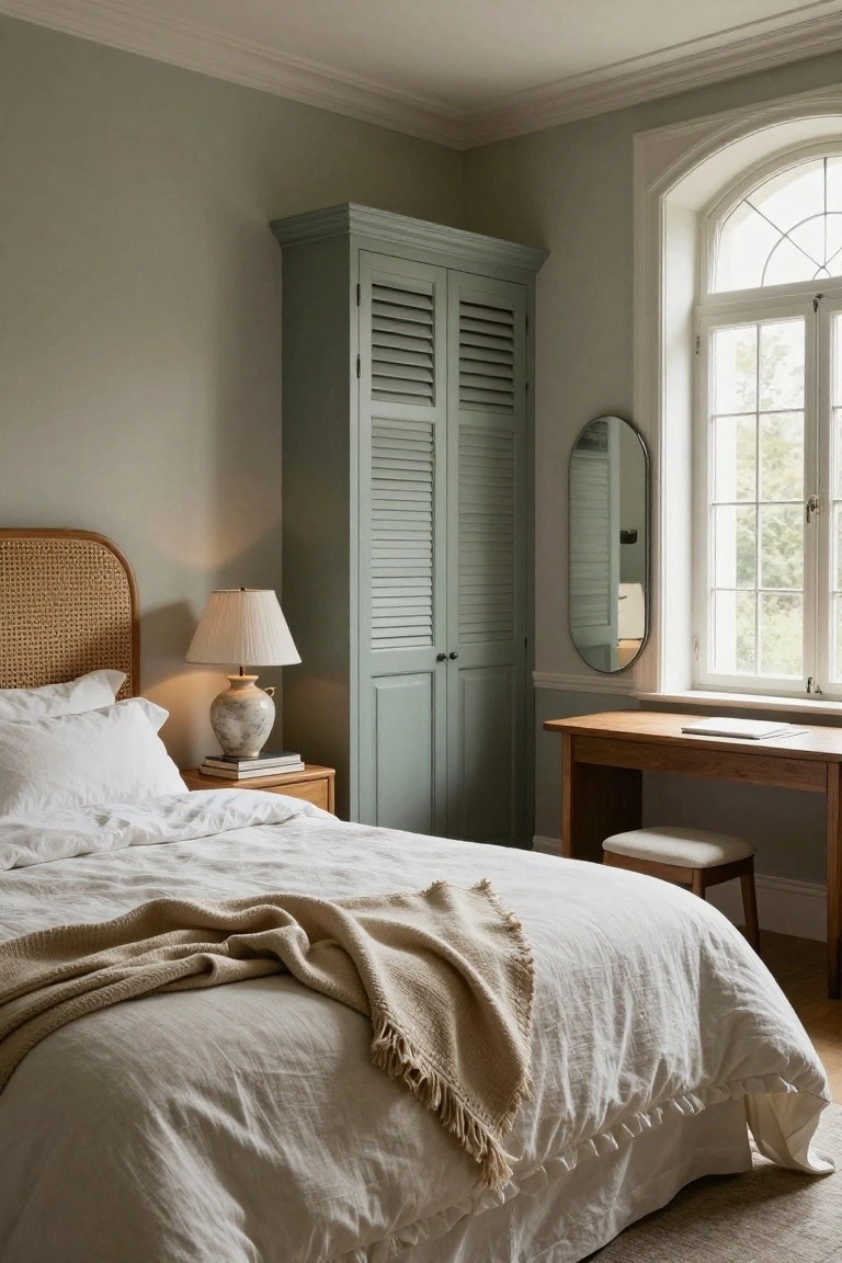 Bedroom interior with sage green louvered armoire, rattan headboard bed draped in white linens and beige throw, wooden nightstand with lamp and books, wooden desk with stool and oval mirror nearby, and arched window overlooking trees.