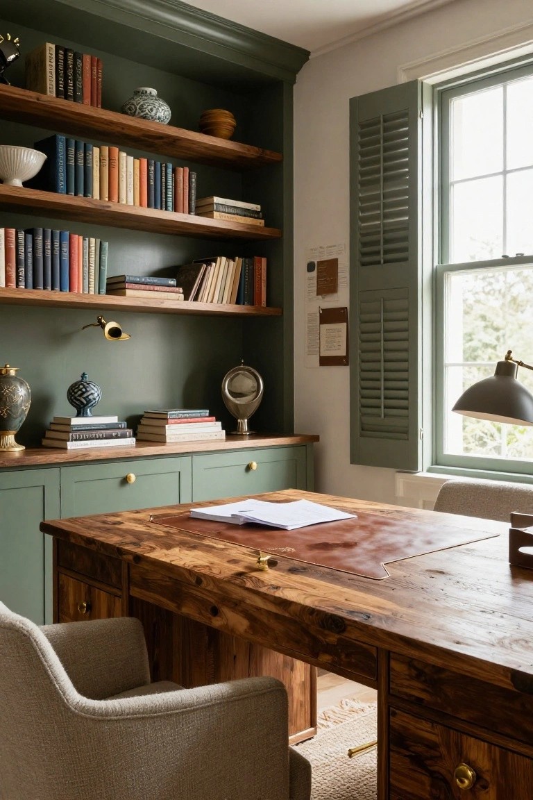 Home office interior with sage green painted cabinetry and built-in wooden shelves stocked with books and ceramics around a large rustic wood desk with leather top and brass pulls, beside louvered green shutters on a window.