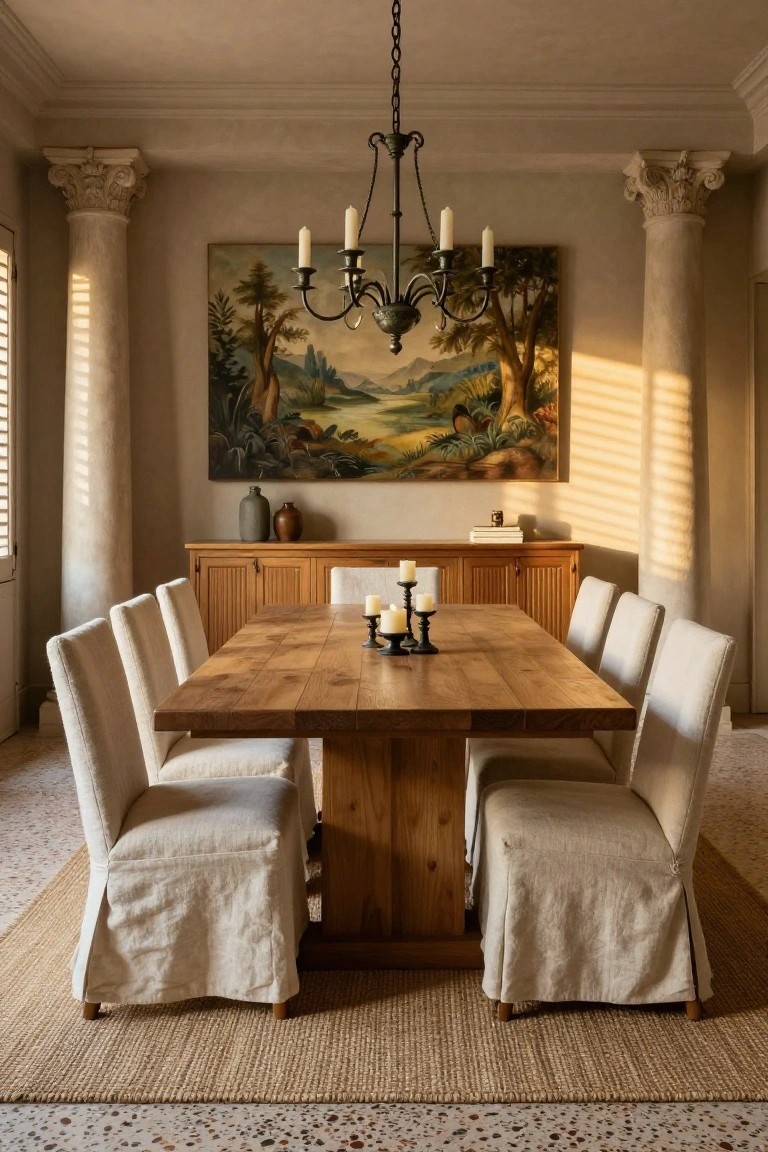 A sunlit dining room with a rectangular wooden table surrounded by eight white slipcovered chairs, a black metal chandelier overhead, classical plaster columns, a large landscape painting, and a wooden sideboard.