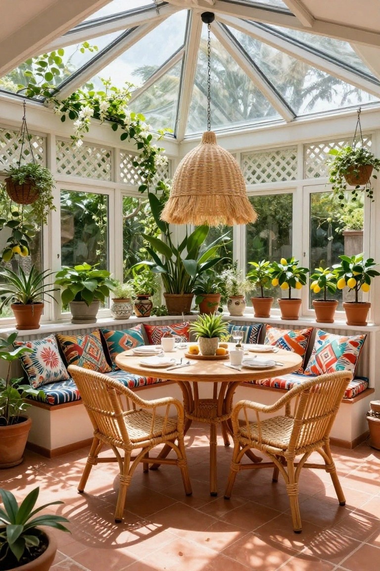 Glass conservatory room with pyramidal ceiling, numerous potted plants including palms and lemon trees, round wooden table with place settings, rattan chairs, and built-in banquette with colorful cushions.