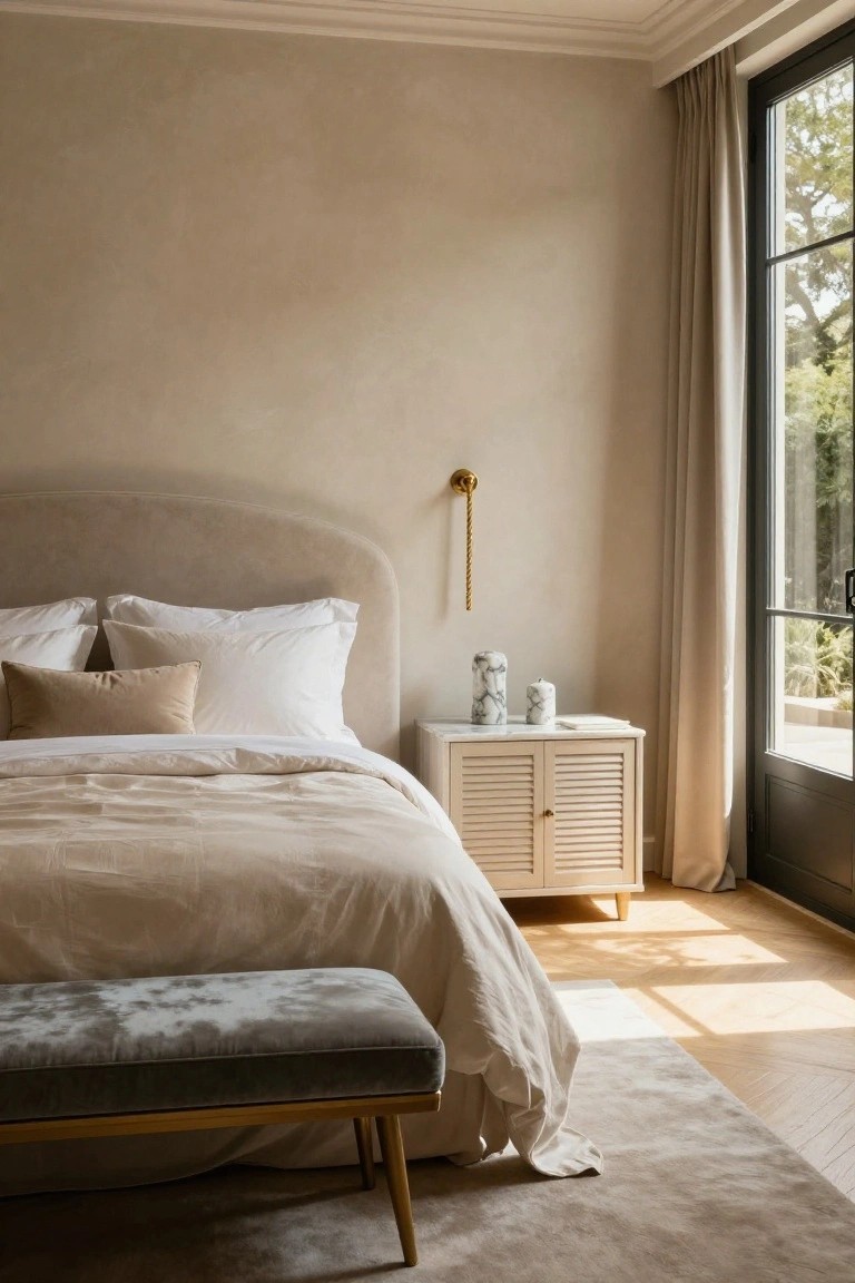 Bedroom corner with curved beige upholstered headboard on a bed with white sheets and beige duvet, flanked by a white slatted nightstand holding marble-patterned candles, a gray velvet bench at the foot, cream curtains on black-framed French doors overlooking trees, and light oak parquet flooring.