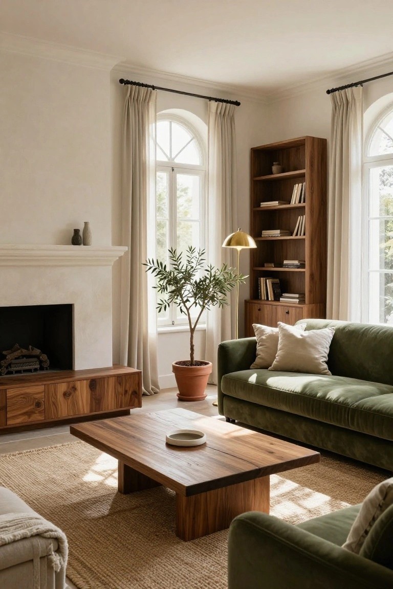 Sunlit living room with cream walls, green velvet sofa, low wooden coffee table, wooden media console under stucco fireplace, tall wooden bookcase, potted olive tree, and arched windows with cream curtains.