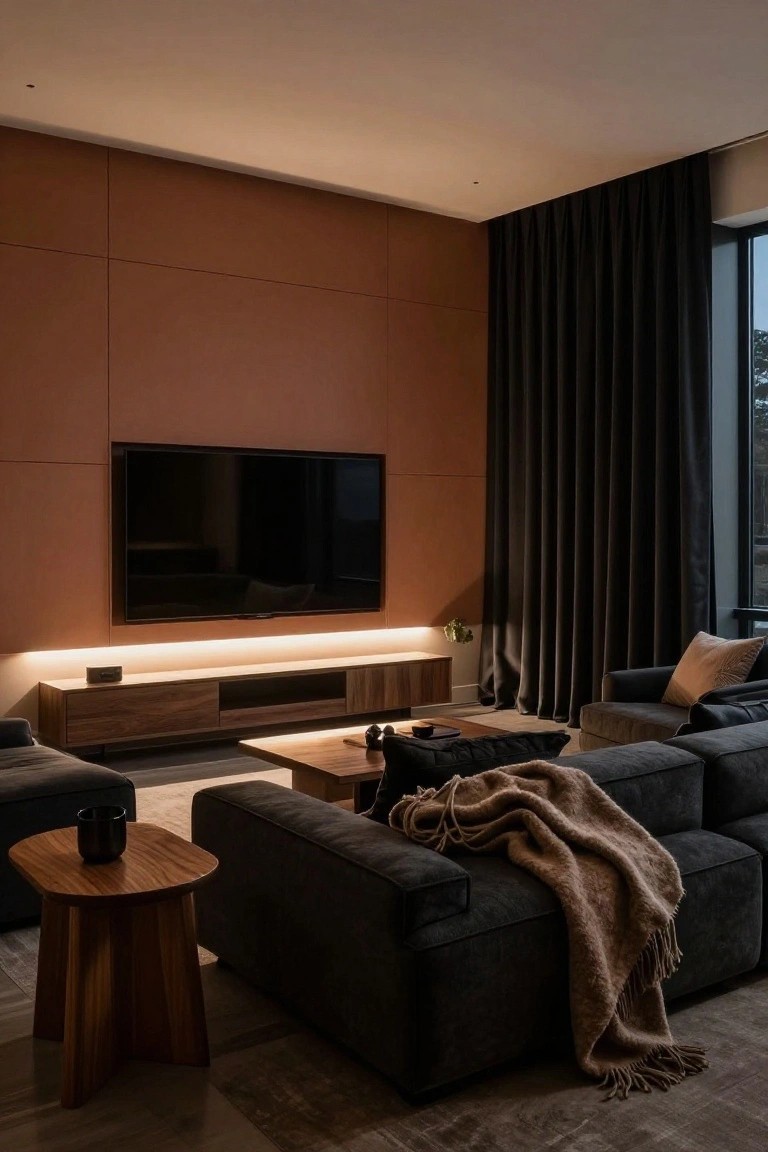 Modern living room with warm terracotta wood slat wall behind mounted TV and wooden media console, dark gray L-shaped sofa with throw blanket, wooden coffee table, and ambient LED lighting.