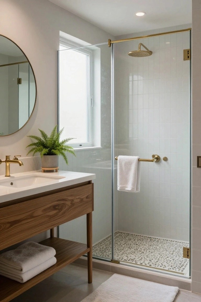 Modern bathroom with walnut wood vanity on legs, white rectangular sink, brass faucet, round gold mirror, potted fern plant, white towel on shelf, and glass shower enclosure with brass hardware and pebble shower floor.