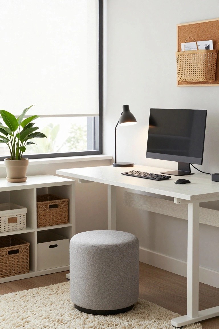 Modern home office corner with white adjustable standing desk, black monitor and keyboard, desk lamp, potted plant by window with blinds, white modular shelving units holding wicker baskets and boxes, gray pouf stool, and beige rug on wood floor.
