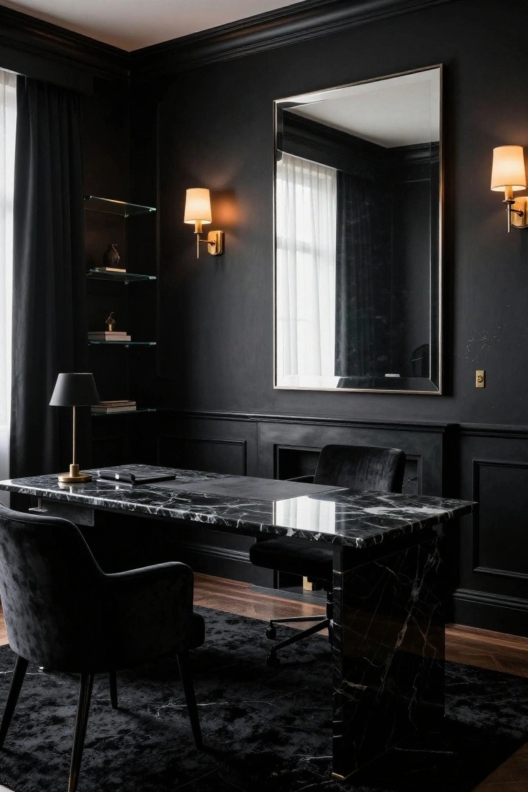 Black-paneled executive office with a large black marble desk, two black velvet chairs, gold desk lamp and sconces, glass shelves, large wall mirror, and window with sheer curtains.