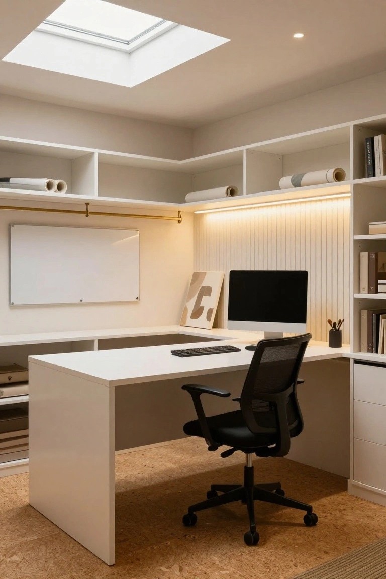 White corner home office with built-in cabinets and open shelving along walls, white desk, black mesh chair, iMac monitor, whiteboard, and slatted wall with LED lighting on cork floor.