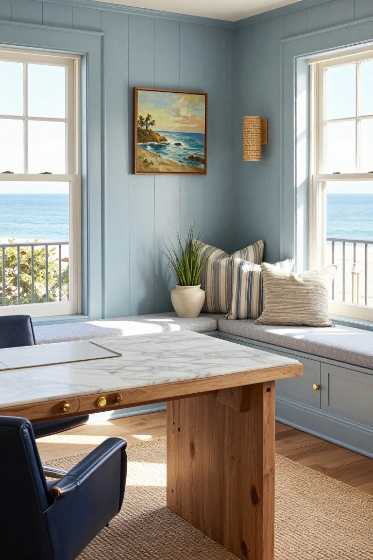Blue shiplap-paneled corner office with marble-top wooden desk, blue leather chair, built-in gray window seat with striped pillows, potted plant, and ocean view through large windows.