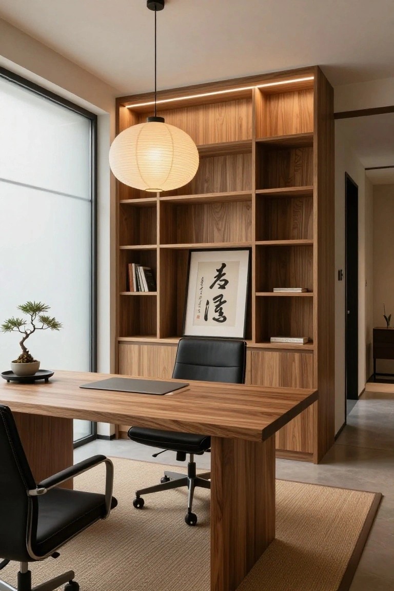 Modern home office with tall wooden built-in bookshelves integrated around a wooden desk, two black leather swivel chairs, a bonsai tree on the desk, a large white paper lantern hanging overhead, and black calligraphy artwork on a shelf.