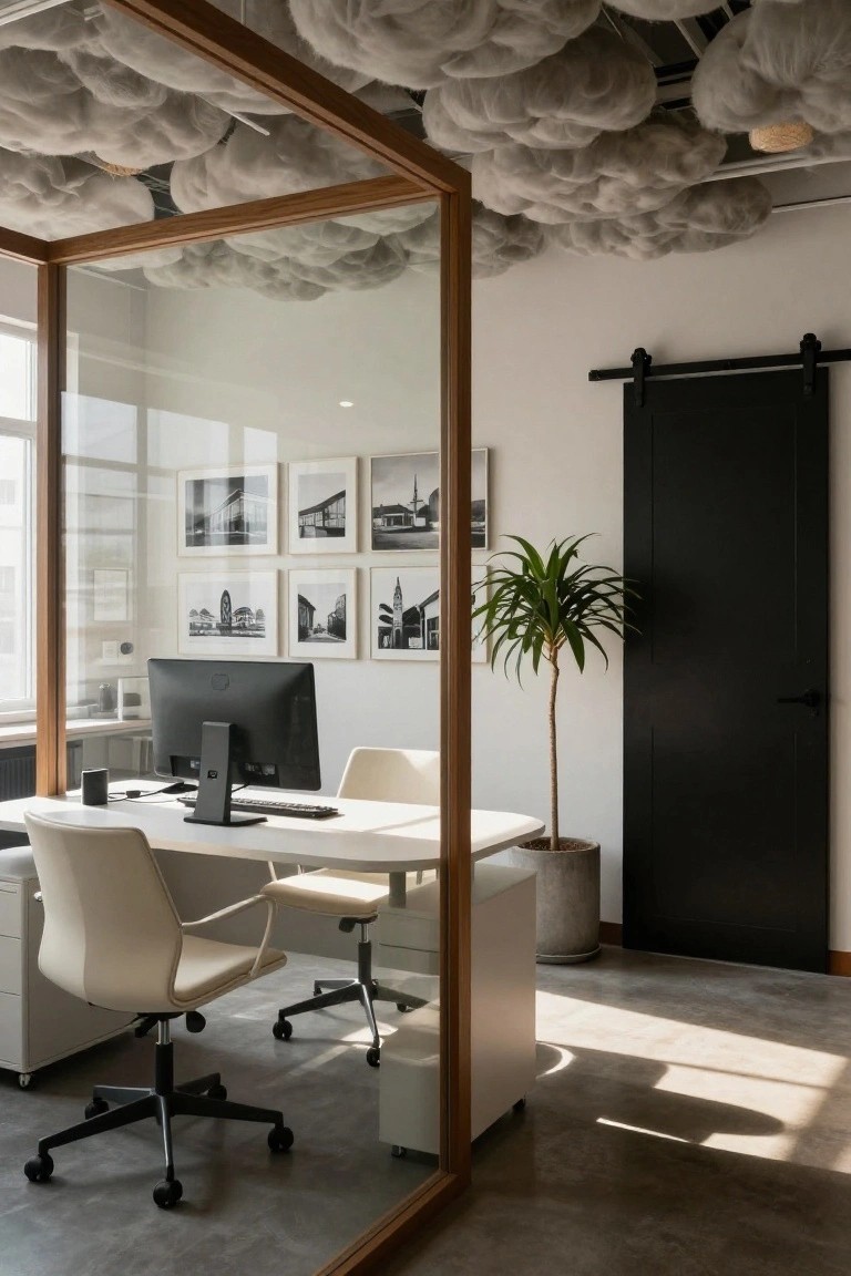 Modern office interior featuring cloud-shaped gray ceiling panels inside a glass-enclosed frame, with a white desk, two cream chairs, computer monitor, potted palm plant, and black-and-white framed architectural photos on the wall.