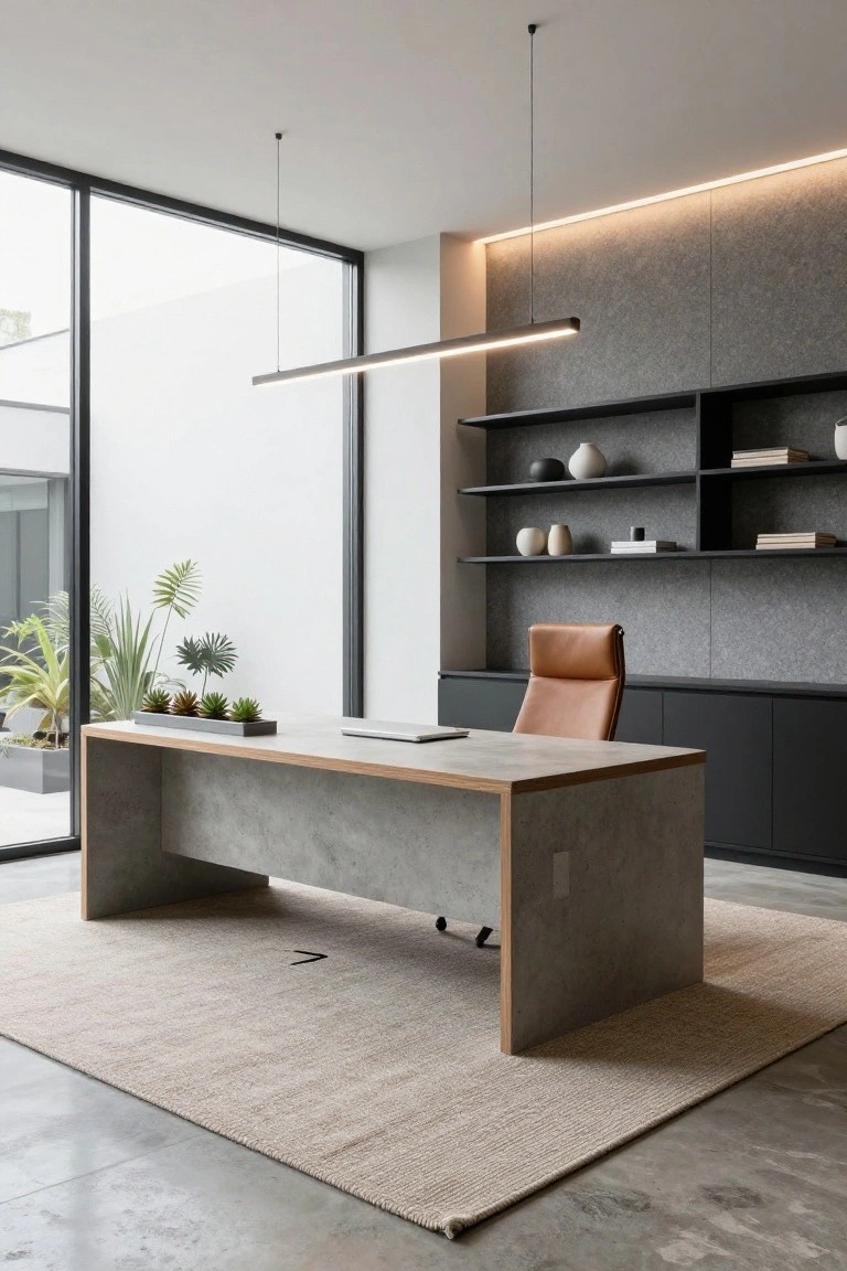 Modern home office interior with large gray concrete desk topped by wood edge and laptop, tan leather chair, black shelving on textured gray wall holding ceramics and books, potted plants, large window to greenery, and beige rug on polished concrete floor.