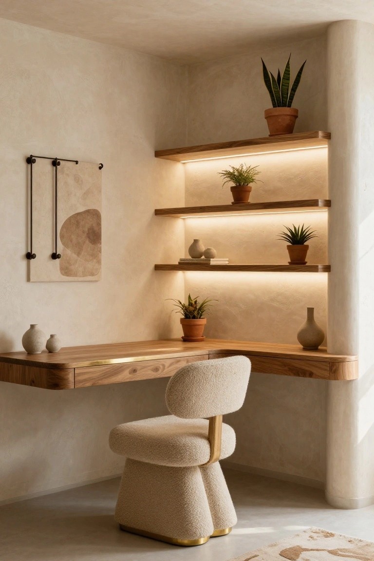 A light beige corner office space with curved wooden floating desk, cream fluffy chair, wooden shelves holding plants and ceramic pots lit by LED strips, and abstract beige artwork on the wall.