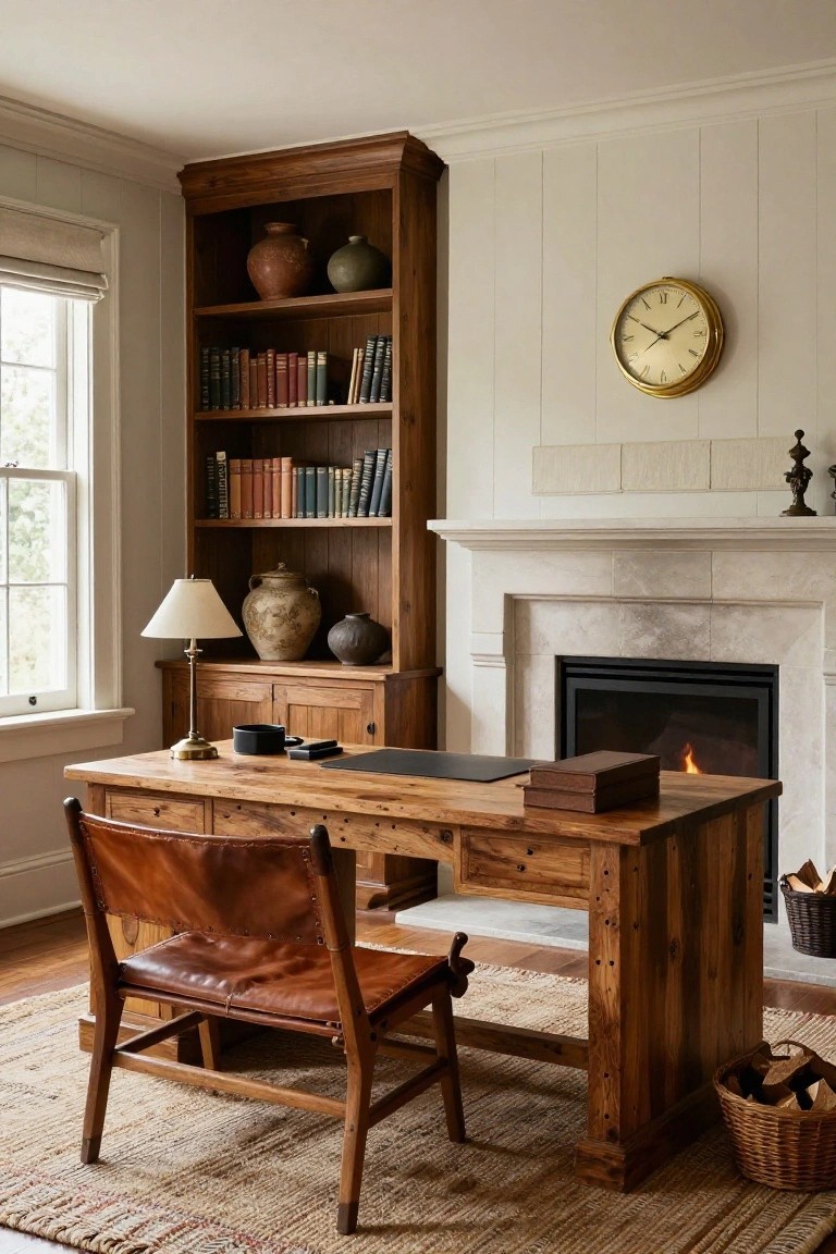 Home office with large wooden desk near stone fireplace with burning fire, brown leather chair, wooden bookshelves filled with books and ceramics, table lamp, and window with shade.