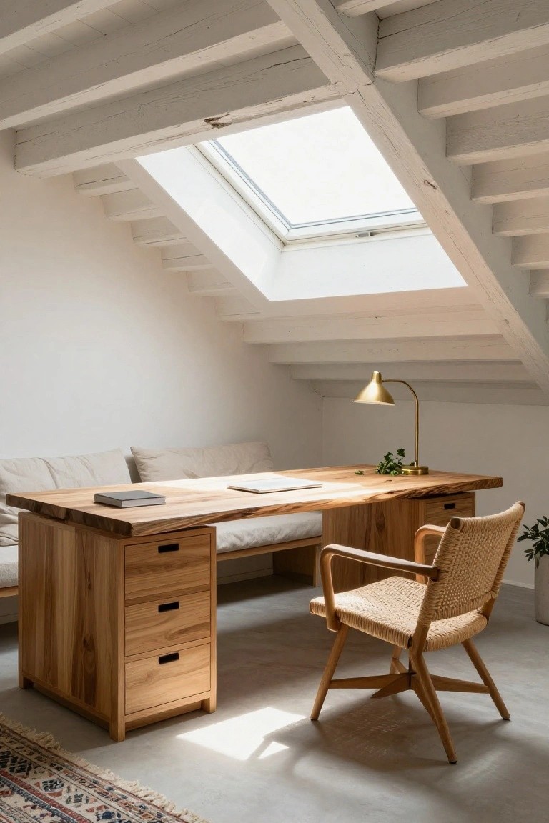 Attic office with large wooden desk featuring live-edge top, integrated bench with beige cushions, side drawers, rattan chair, gold desk lamp, plants, skylight, exposed white beams, white walls, and concrete floor with rug.