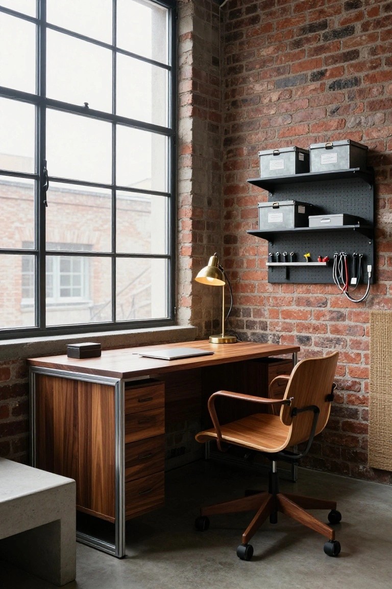 Home office interior with tall exposed red brick walls, large metal-framed windows, wooden desk with metal frame and drawers, bentwood office chair on wheels, pegboard wall organizer with metal boxes and accessories, and concrete bench nearby.