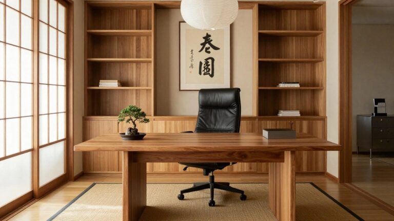 Modern home office with tall wooden built-in bookshelves integrated around a wooden desk, two black leather swivel chairs, a bonsai tree on the desk, a large white paper lantern hanging overhead, and black calligraphy artwork on a shelf.