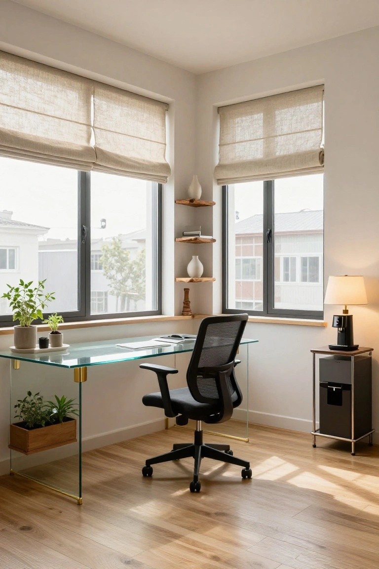 Corner home office with a clear glass desk on gold legs holding plants underneath, black mesh office chair, linen roman shades on black-framed windows overlooking buildings and trees, wooden shelves with ceramics, and a small side table with lamp.