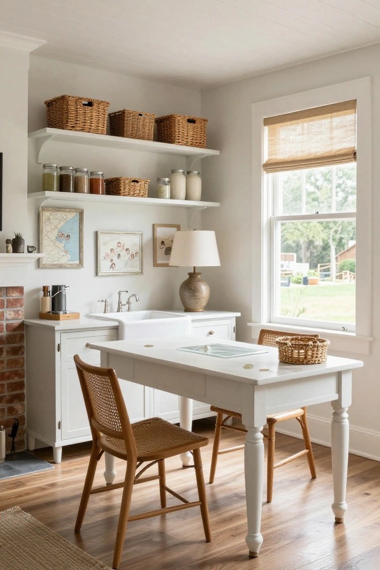 Corner interior with white apron-front sink on cabinetry next to wooden desk with rattan chairs, open white shelves holding jars and wicker baskets, lamp and window overlooking yard and barn.