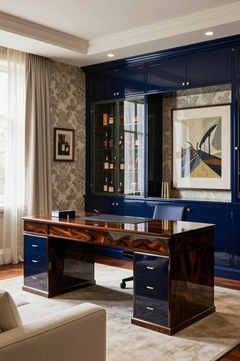 Home office with floor-to-ceiling navy blue lacquered cabinets, burled wood desk with blue drawers, blue leather desk chair, cream sofa on beige rug, and wallpapered wall with window.
