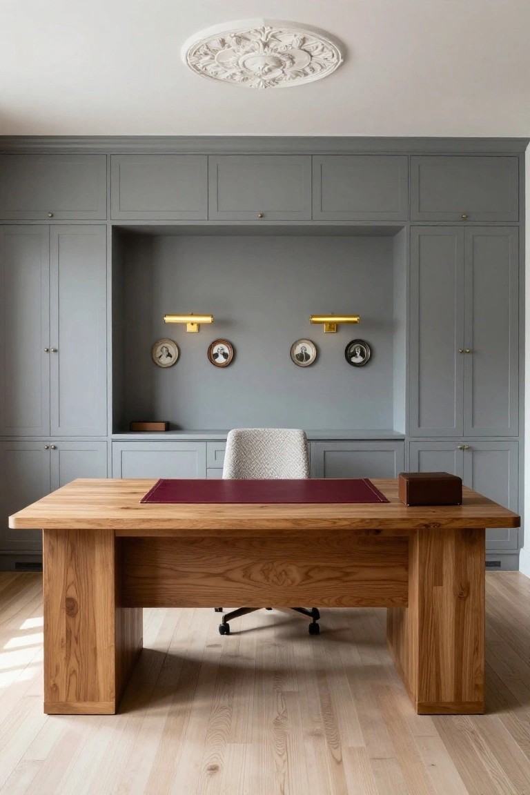 Home office with large oak desk centered in a wall recess surrounded by tall grey cabinets, white swivel chair, gold sconces, small oval portraits, and leather desk mat.