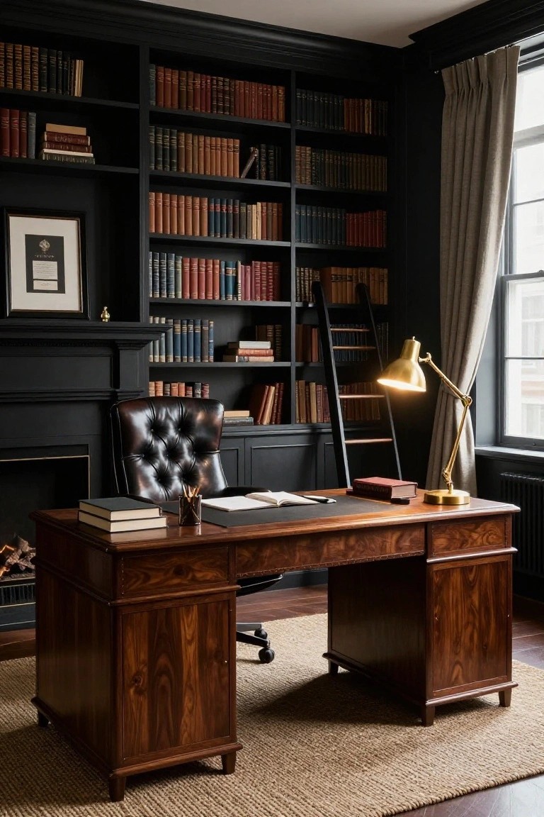 Dark-walled corner home office featuring floor-to-ceiling black bookshelves filled with books, a large wooden desk with leather chair, brass desk lamp, library ladder, and brick fireplace.