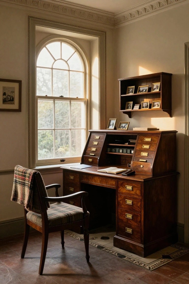 A light beige office room featuring a large wooden desk with multiple drawers and compartments, positioned beside a tall arched window, with a wooden chair draped in a plaid blanket, shelves holding framed photos, and warm natural light filtering in.