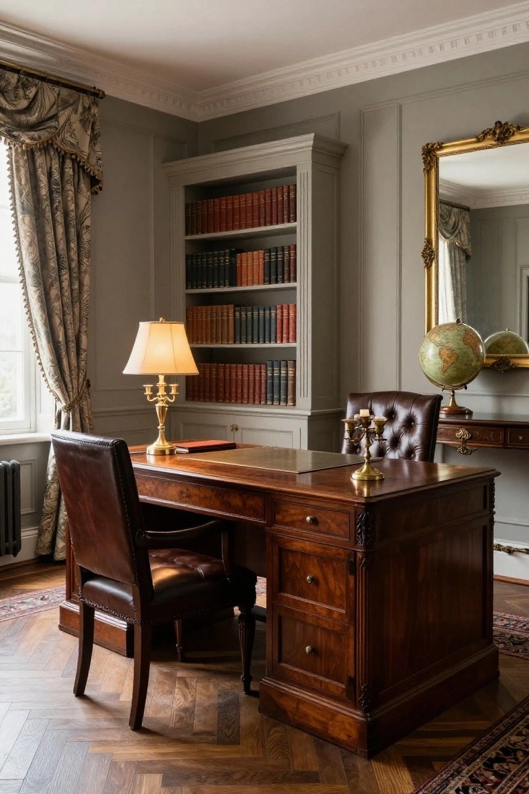 A gray-paneled home study with a polished wooden desk, brown leather armchair, brass candelabra lamp, bookshelves filled with red books, antique globe, and gold-framed mirror.