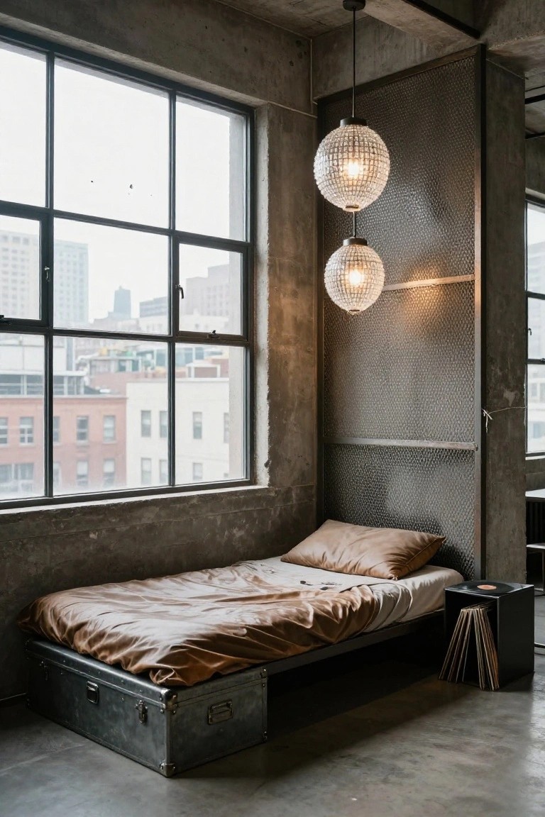 Industrial loft bedroom featuring a low platform bed with tan bedding on a metal trunk base, stacks of vinyl records on a black cube beside it, two hanging beaded globe pendant lights, and large metal-framed windows overlooking a cityscape.