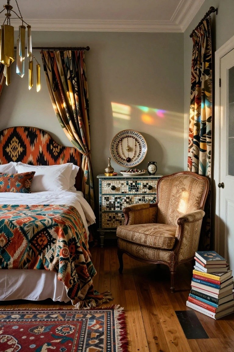 Brass pendant light with hanging prisms and tubes suspended above an eclectic bedroom with colorful bed textiles, patterned curtains, a tiled dresser, armchair, and books stacked nearby.
