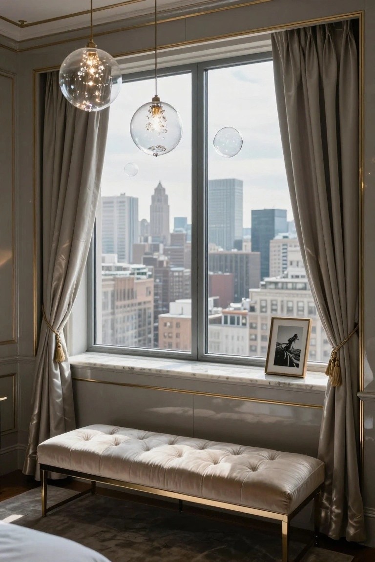 Oversized clear glass bubble pendant lights with gold accents hang above a tufted gray velvet bench by a large window with gray drapes and a city skyline view in a luxurious bedroom.