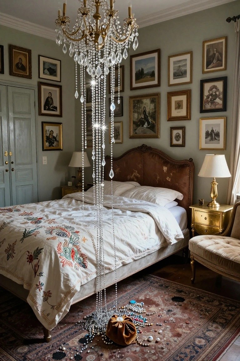 Elegant bedroom with crystal chandelier, antique bed, framed art, scattered jewelry.