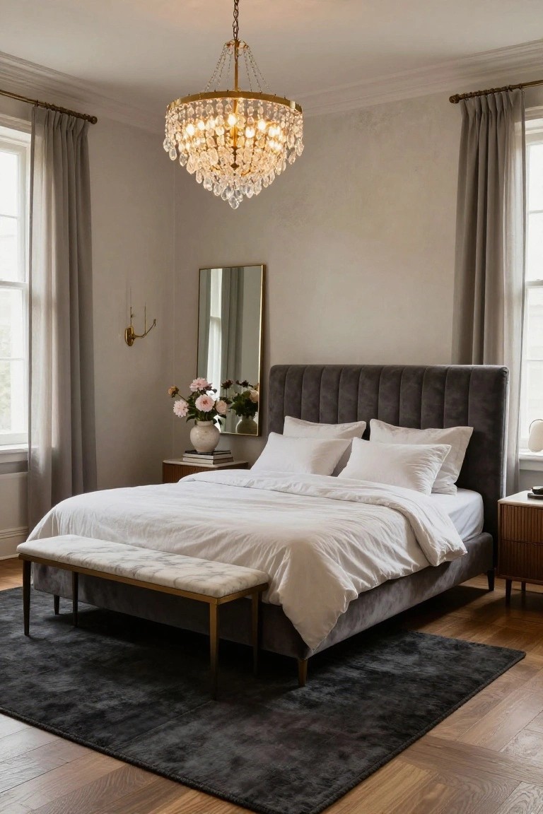 A luxury bedroom with a sparkling gold and crystal chandelier hanging over a gray tufted upholstered bed dressed in white linens, flanked by nightstands, a bench at the foot, mirror on the wall, and large curtained windows.