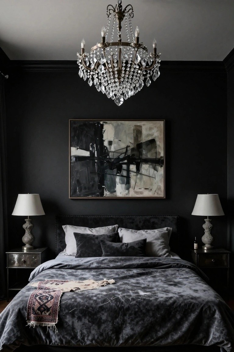 Dark-walled bedroom with black velvet bed, crystal chandelier overhead, bedside lamps on metal nightstands, and large abstract black and white painting on wall.